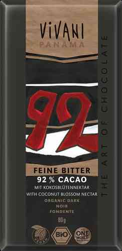 Feine Bitter Schokolade mit 92% Cacao (mit Kokosblütennektar gesüßt)