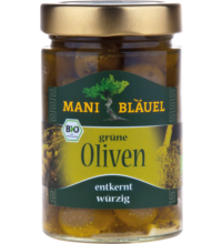 Grüne Oliven, in Lake, entkernt, Mani Bläuel